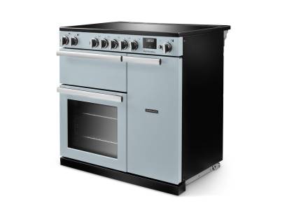 Angled view of Rangemaster Professional 90 Misty Blue Range Cooker showing contemporary styling
