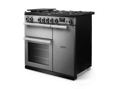 Angled view of Rangemaster Professional 90 Stainless Steel Range Cooker showing contemporary design and oven doors