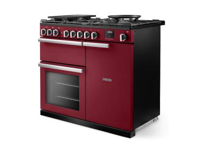 Angled view of Rangemaster Professional Deluxe 100 Bordeaux Range Cooker showing contemporary styling