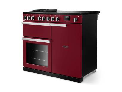 Angled view of Rangemaster Professional Deluxe 100 Bordeaux Range Cooker showing contemporary styling