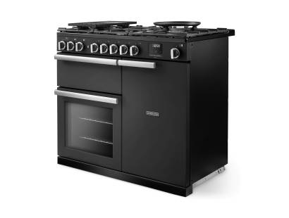 Angled view of Rangemaster Professional Deluxe 100 Charcoal Black Range Cooker showing contemporary styling