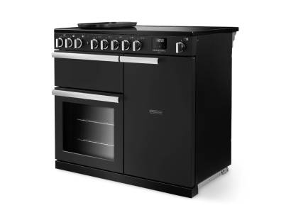 Angled view of Rangemaster Professional Deluxe 100 Charcoal Black Range Cooker showing contemporary styling