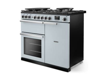 Angled view of Rangemaster Professional Deluxe 100 Misty Blue Range Cooker showing contemporary styling