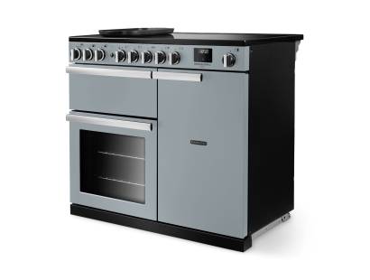 Angled view of Rangemaster Professional Deluxe 100 Misty Blue Range Cooker showing contemporary styling