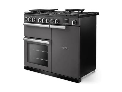 Angled view of Rangemaster Professional Deluxe 100 Slate Range Cooker showing contemporary styling