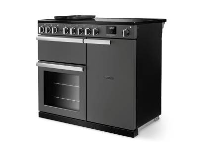Angled view of Rangemaster Professional Deluxe 100 Slate Range Cooker showing contemporary styling