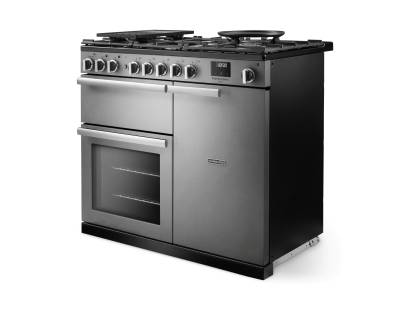 Angled view of Rangemaster Professional Deluxe 100 Stainless Steel Range Cooker showing contemporary styling