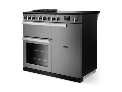 Angled view of Rangemaster Professional Deluxe 100 Stainless Steel Range Cooker showing contemporary styling
