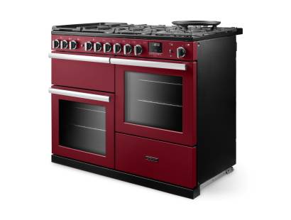 Angled view of Rangemaster Professional Deluxe 110 Bordeaux Range Cooker showing contemporary styling