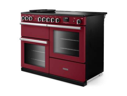 Angled view of Rangemaster Professional Deluxe 110 Bordeaux Range Cooker showing contemporary styling
