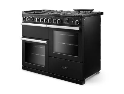Angled view of Rangemaster Professional Deluxe 110 Charcoal Black Range Cooker showing contemporary styling