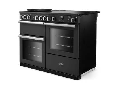 Angled view of Rangemaster Professional Deluxe 110 Charcoal Black Range Cooker showing contemporary styling