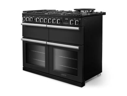 Angled view of Rangemaster Professional Deluxe 110 Charcoal Black Range Cooker with dedicated slow cooker