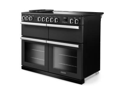 Angled view of Rangemaster Professional Deluxe 110 Charcoal Black Range Cooker with dedicated slow cooker