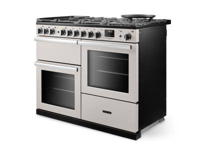 Angled view of Rangemaster Professional Deluxe 110 Ivory Range Cooker showing contemporary styling