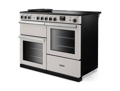 Angled view of Rangemaster Professional Deluxe 110 Ivory Range Cooker showing contemporary styling
