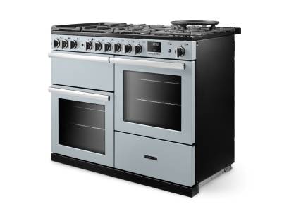 Angled view of Rangemaster Professional Deluxe 110 Misty Blue Range Cooker showing contemporary styling