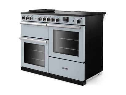 Angled view of Rangemaster Professional Deluxe 110 Misty Blue Range Cooker showing contemporary styling