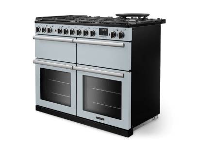 Angled view of Rangemaster Professional Deluxe 110 Misty Blue Range Cooker with dedicated slow cooker