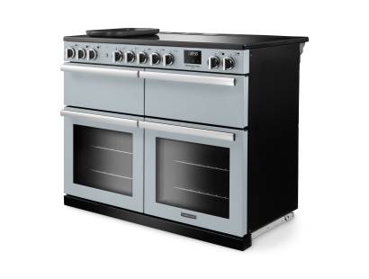 Angled view of Rangemaster Professional Deluxe 110 Misty Blue Range Cooker with dedicated slow cooker