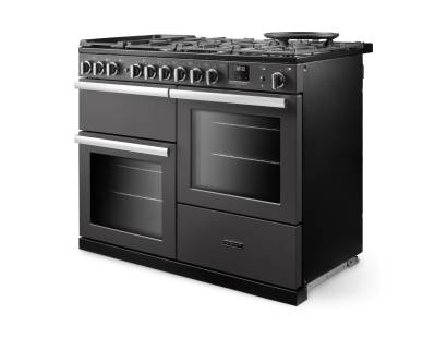 Angled view of Rangemaster Professional Deluxe 110 Slate Range Cooker showing contemporary styling