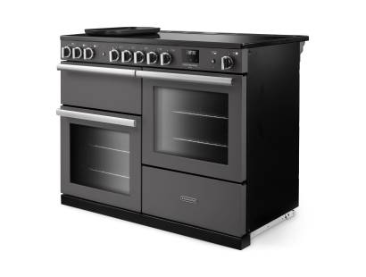 Angled view of Rangemaster Professional Deluxe 110 Slate Range Cooker showing contemporary styling