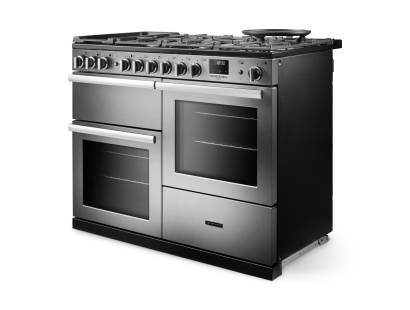 Angled view of Rangemaster Professional Deluxe 110 Stainless Steel Range Cooker showing contemporary styling