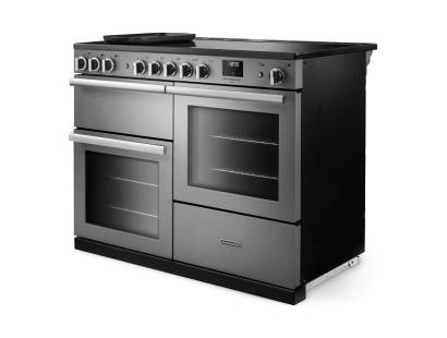 Angled view of Rangemaster Professional Deluxe 110 Stainless Steel Range Cooker showing contemporary styling
