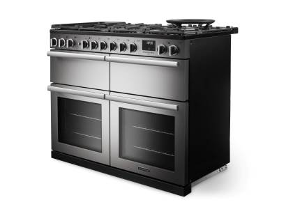Angled view of Rangemaster Professional Deluxe 110 Stainless Steel Range Cooker with dedicated slow cooker