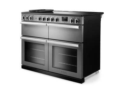 Angled view of Rangemaster Professional Deluxe 110 Stainless Steel Range Cooker with dedicated slow cooker