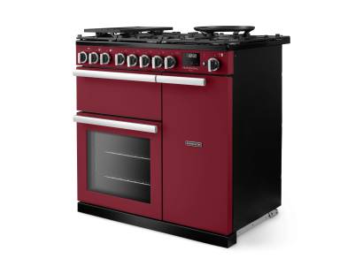 Angled view of Rangemaster Professional Deluxe 90 Bordeaux Range Cooker showing contemporary styling