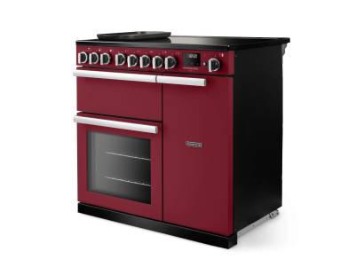 Angled view of Rangemaster Professional Deluxe 90 Bordeaux Range Cooker showing contemporary styling