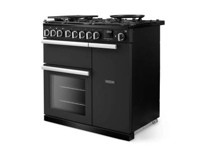 Angled view of Rangemaster Professional Deluxe 90 Charcoal Black Range Cooker showing contemporary styling