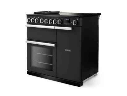 Angled view of Rangemaster Professional Deluxe 90 Charcoal Black Range Cooker showing contemporary styling