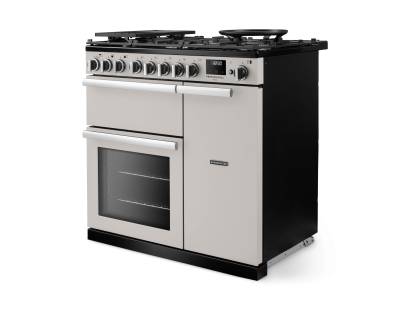 Angled view of Rangemaster Professional Deluxe 90 Ivory Range Cooker showing contemporary styling