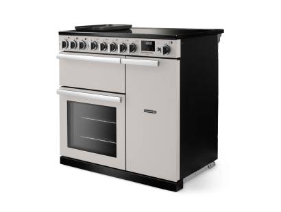 Angled view of Rangemaster Professional Deluxe 90 Ivory Range Cooker showing contemporary styling