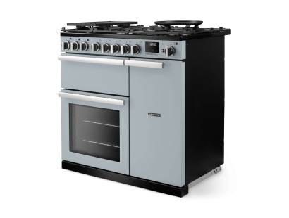 Angled view of Rangemaster Professional Deluxe 90 Misty Blue Range Cooker showing contemporary styling