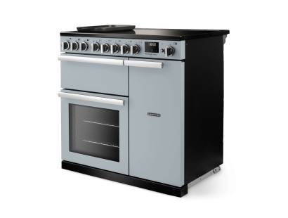 Angled view of Rangemaster Professional Deluxe 90 Misty Blue Range Cooker showing contemporary styling