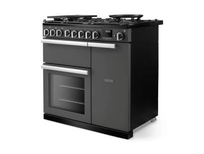 Angled view of Rangemaster Professional Deluxe 90 Slate Range Cooker showing contemporary styling