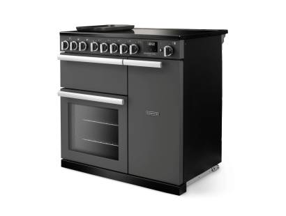 Angled view of Rangemaster Professional Deluxe 90 Slate Range Cooker showing contemporary styling