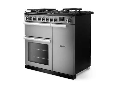 Angled view of Rangemaster Professional Deluxe 90 Stainless Steel Range Cooker showing contemporary styling