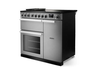 Angled view of Rangemaster Professional Deluxe 90 Stainless Steel Range Cooker showing contemporary styling