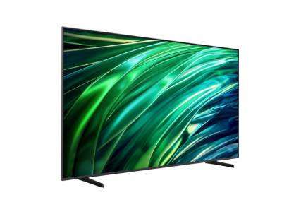 Angled view of Samsung 65 inch Neo QLED Smart TV showing screen and stand profile