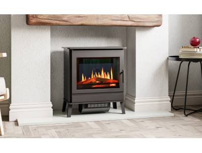 Aurora Rio Electric Fire front view with realistic flame effect and deluxe log set