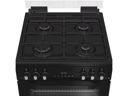 Black Hotpoint gas cooker with double ovens and four-burner hob