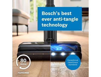 Bosch stick vacuum showing MicroClean brush and LED clean indicator