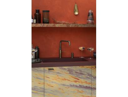 Brass Quooker Fusion Square Tap delivering hot, cold, boiling, chilled and sparkling water