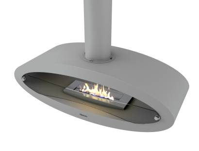 Ceiling-mounted bioethanol fireplace in sleek metallic finish