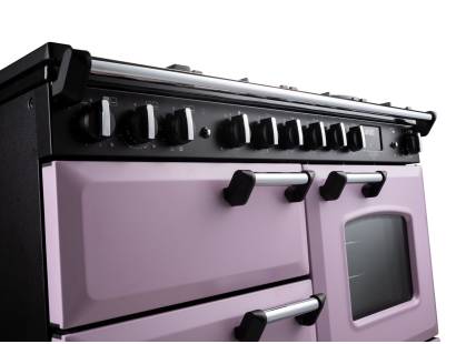 Close up of the dials on the Rangemaster 110cm classic deluxe dual fuel range cooker