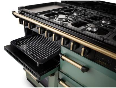 Close up of the pullout grill on the Rangemaster 110cm classic deluxe dual fuel range cooker with chrome trim